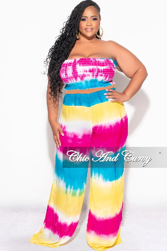 Final Sale Plus Size 2pc Strapless Frill Crop Top and Palazzo Pants Set Multi-Color Tie Dye Print Polka Dot Checkered Tartan Final Sale Plus Size 2pc Strapless Frill Crop Top and Palazzo Pants Set Multi-Color Tie Dye Print Polka Dot Checkered Tartan