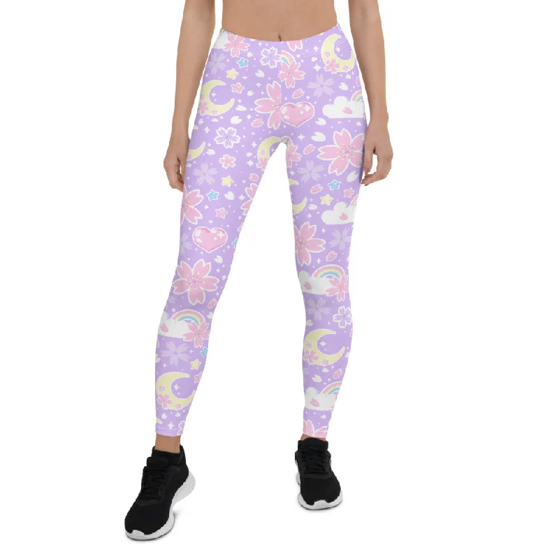 Cherry Blossom Dreams Purple Leggings Fashionable Lacy Detail Leggings