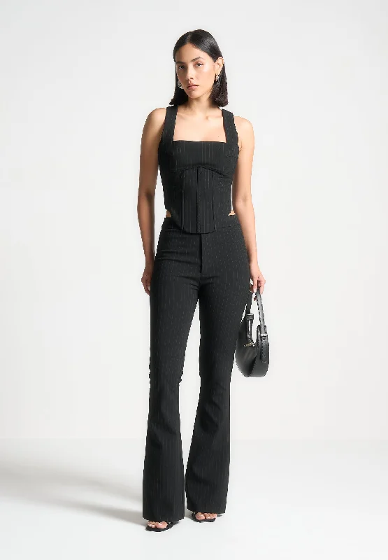 Pinstripe Fit and Flare Leggings - Black Trendy Faux Suede Leggings