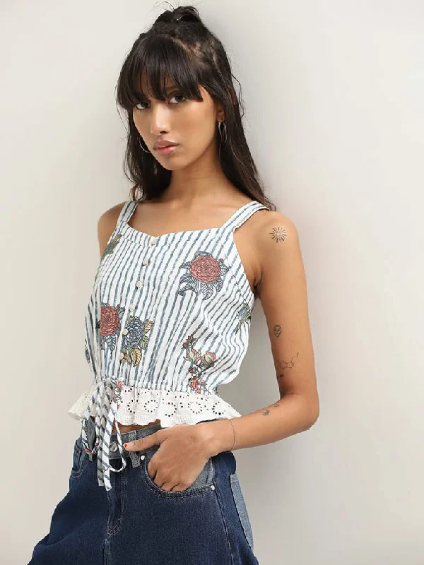 Bombay Paisley White Cotton Crop Top Embroidered Appliqued Beaded