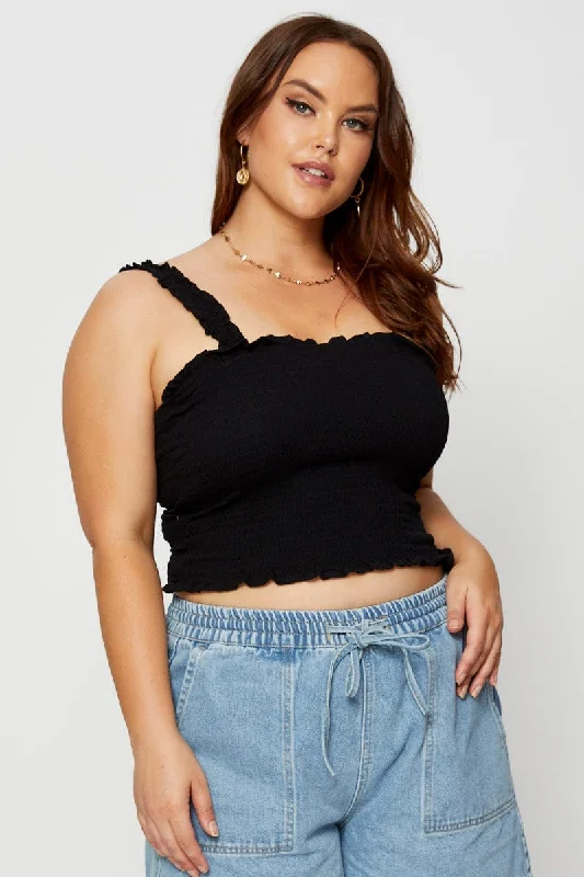 Black Crop Top Sleeveless Shirred Casual Formal Business
