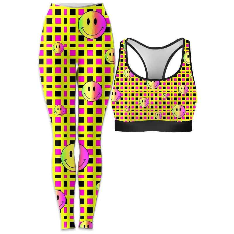 Happy Plaid Rave Bra and Leggings Combo Comfortable Fleece-Lined Leggings