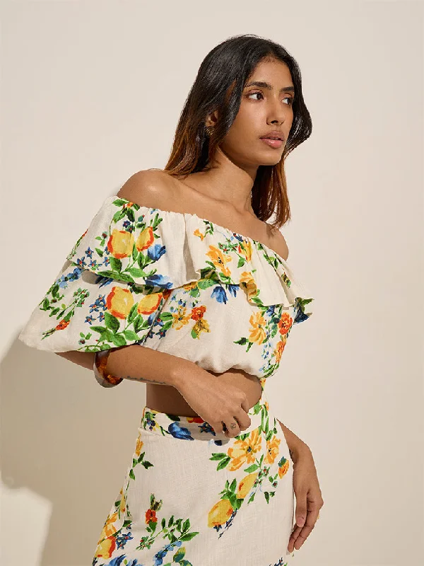 LOV Off-White Floral Pattern Linen-Blend Crop Top Terry Blend Velvet Blend Canvas Blend LOV Off-White Floral Pattern Linen-Blend Crop Top Terry Blend Velvet Blend Canvas Blend
