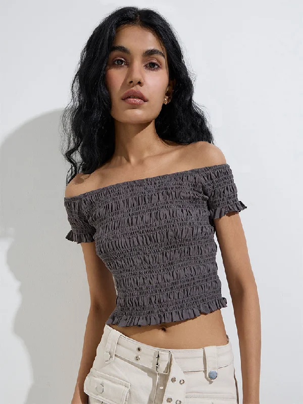 Nuon Grey Off-Shoulder Smocked Cotton-Blend Crop Top Handmade Hand-knitted Hand-woven Nuon Grey Off-Shoulder Smocked Cotton-Blend Crop Top Handmade Hand-knitted Hand-woven