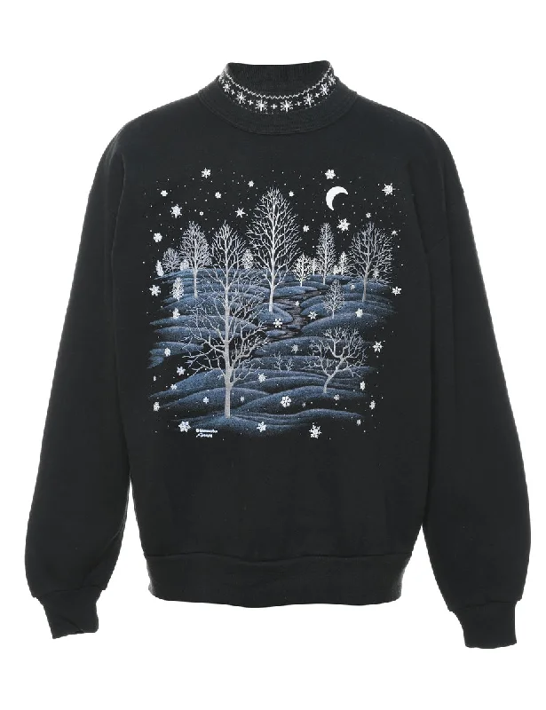 Black Snowfall Landscape Black Printed Sweatshirt - L Hoodie with Exposed Zipper Edgy Industrial