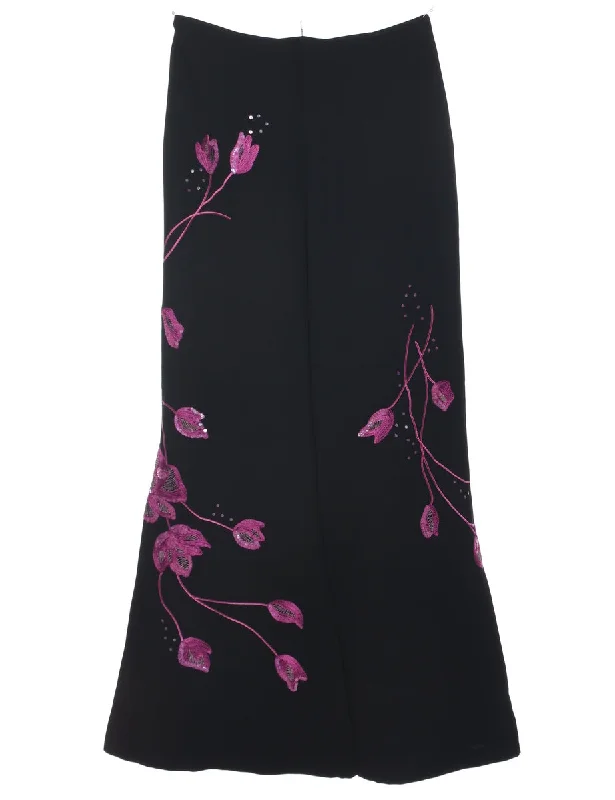 Embroidered Floral Print Trousers - W28 L33 Trousers Fleece Cozy