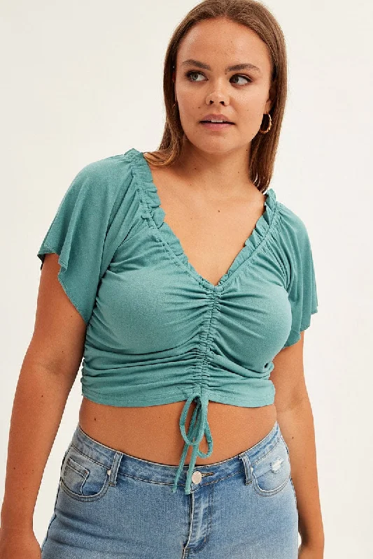 Green Crop Top Short Sleeve Frill Edge Drawstring Layered Multi-layer Single Layer
