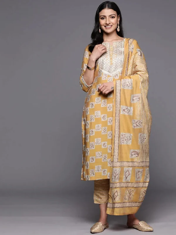 Mustard Yoke Design Silk Blend Straight Kurta With Trousers & Dupatta Trousers Floral Bohemian