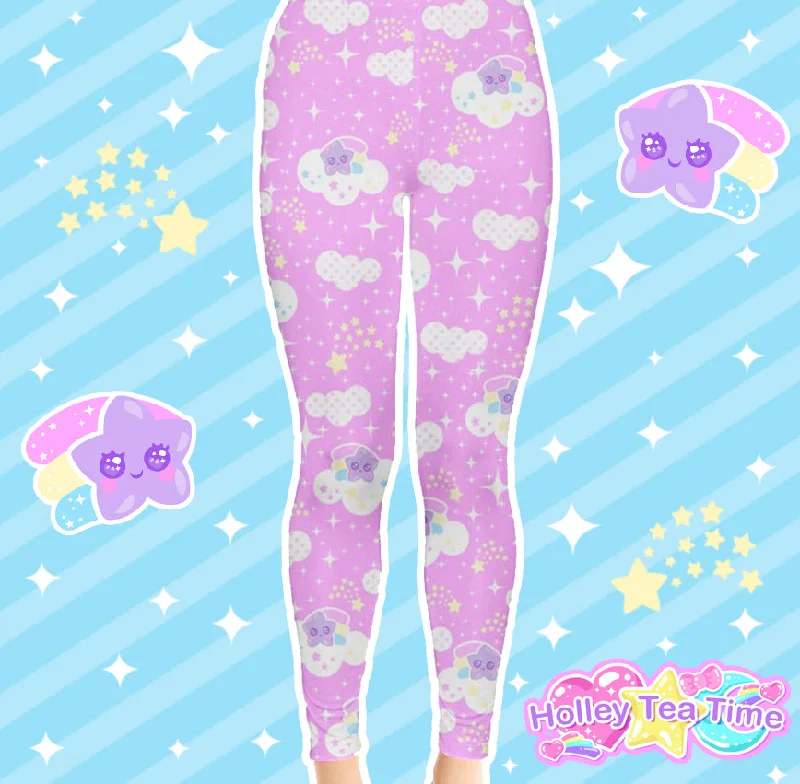 Shooting Star Clouds Pink Leggings Fashionable Quick-Dry Leggings