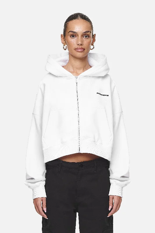 Marla Cropped Zip Hoodie White Black Gum Hoodie with Typography Text Message