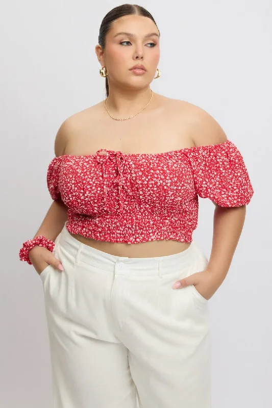 Red Ditsy Crop Top Short Sleeve Ruched Bust Rayon Velvet Corduroy