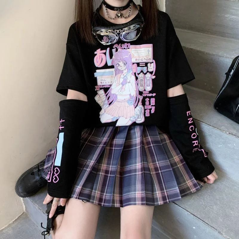 Gaming E-Girl Crop Top With Cuffs Houndstooth Herringbone Solid