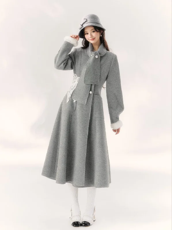 Gray Lace Bow Design Coat BBB0094 Hook-and-Loop Buckled Tied