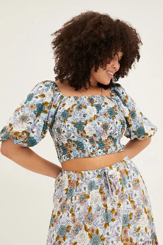Boho Printshort Sleeve Boho Print Shirred Semi Crop Top Spandex Blend Rayon Blend Denim Blend