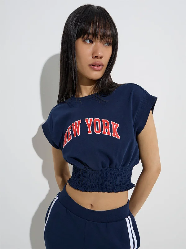 Studiofit Navy Printed Cotton-Blend Crop Top Crop Top Seamless Stretchy