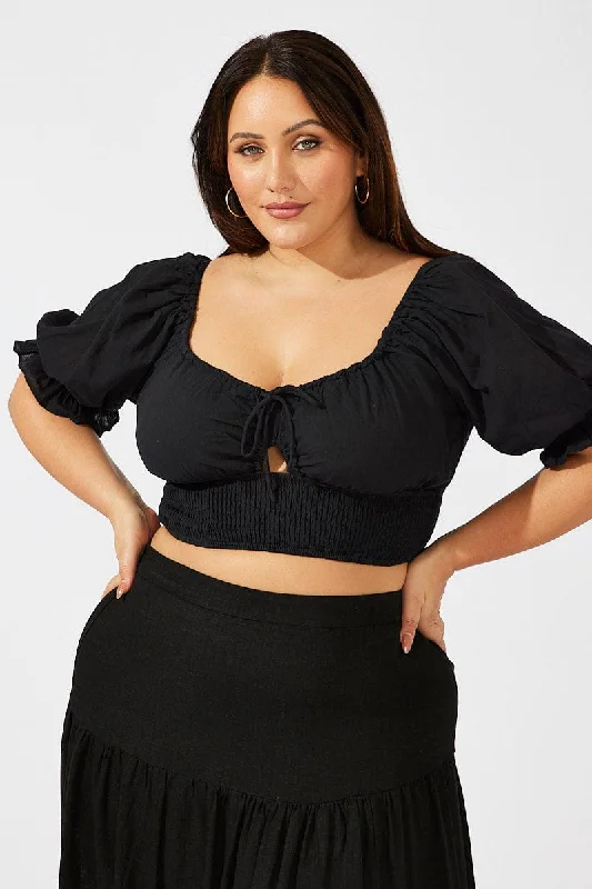 Black Crop Top Short Sleeve Cut Out Shirred Terry Blend Velvet Blend Canvas Blend