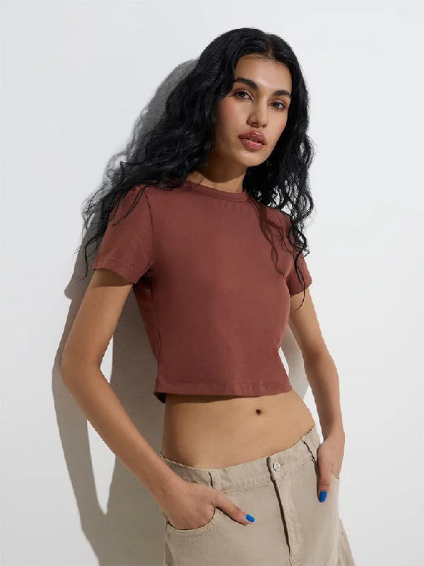 Nuon Brown Solid Cotton-Blend Crop Top Asymmetrical Pockets Print