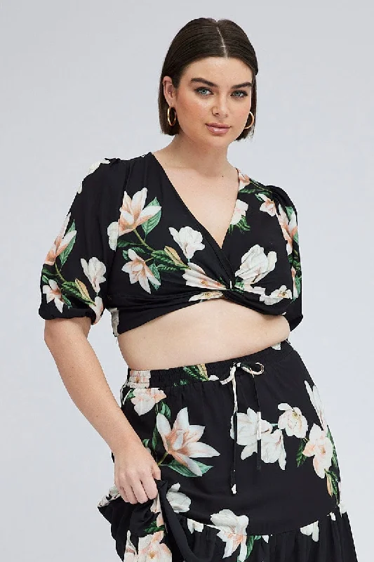 Black Floral Crop Top Short Sleeve Twist Front Zippered Front Buttoned Front Snap Front Black Floral Crop Top Short Sleeve Twist Front Zippered Front Buttoned Front Snap Front
