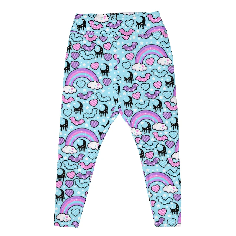 Rainbow Spooky Bats Blue Plus Size Leggings Comfortable Fleece-Lined Leggings