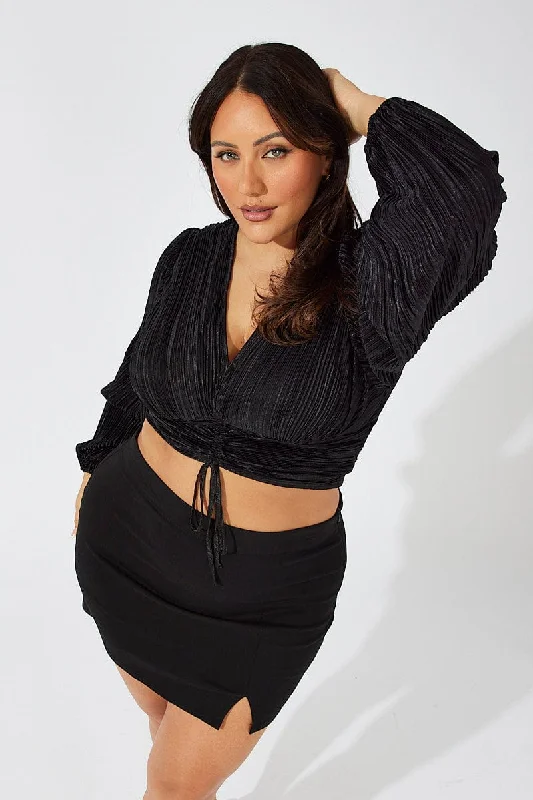 Black Crop Top Long Sleeve Ruched Plisse Satin Fabric Silk Fabric Chiffon Fabric