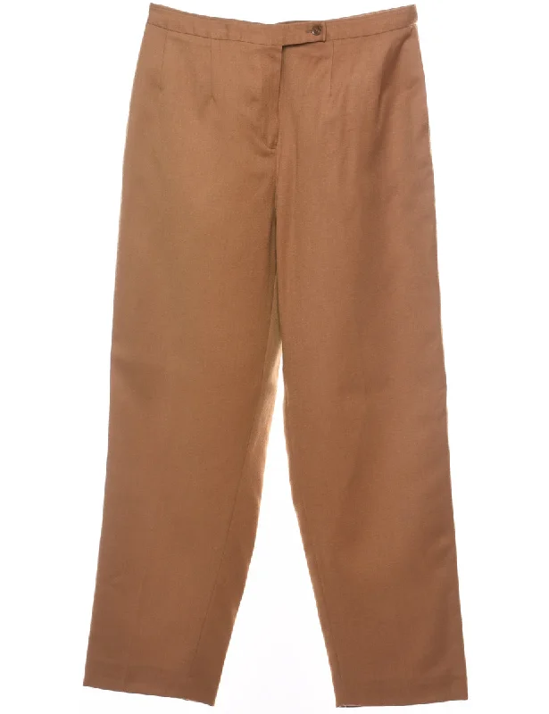 Wool High Waist Light Brown Pleated Trousers - W30 L28 Chinos Cotton Straight Leg