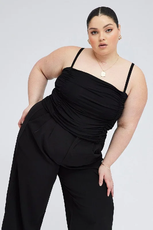 Black Ruched Singlet Crop Top Beaded Sequined Faux Fur
