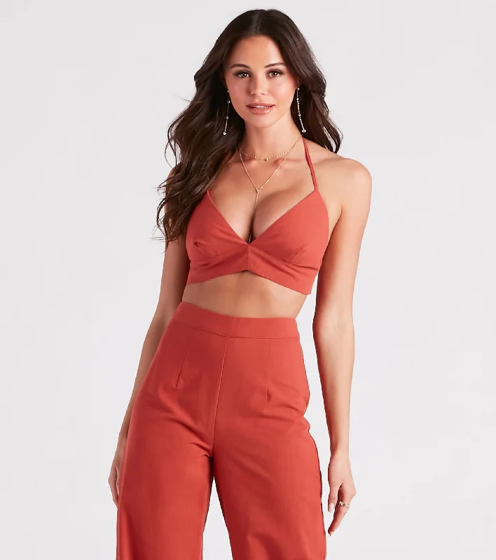 Meet In The Hamptons Linen Crop Top Seamless Knitted Crochet