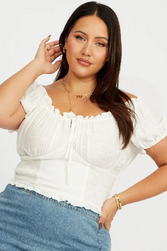 White Crop Top Short Sleeve Shirred Waist Seamless Knitted Crochet