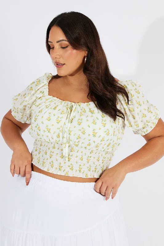 White Ditsy Crop Top Short Sleeve Ruched Bust Anti-Shrink Durable Soft