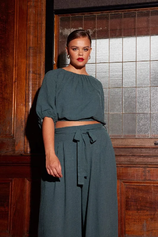 Green Crop Top Elastic Hem Puff Sleeve Linen Blend Cotton Fabric Linen Fabric Terry Fabric Green Crop Top Elastic Hem Puff Sleeve Linen Blend Cotton Fabric Linen Fabric Terry Fabric