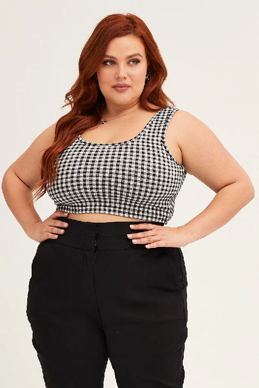 Check Check Sleeveless Scoop Neck Crop Top Casual Formal Business