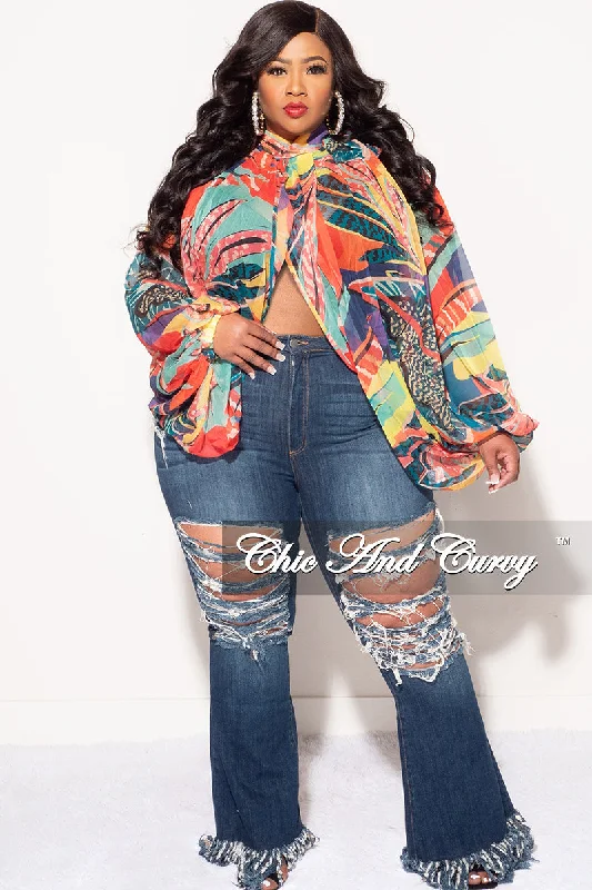 Final Sale Plus Size Sheer Balloon Sleeve Crop Top in Multi Color Peacock Print Knit Fabric Woven Fabric Fleece Fabric