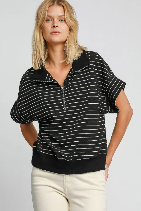 Hazel Blues® | Umgee Striped Half Zip Short Sleeve Sweatshirt Hoodie with Full-Zip Functional Layering Hazel Blues® | Umgee Striped Half Zip Short Sleeve Sweatshirt Hoodie with Full-Zip Functional Layering