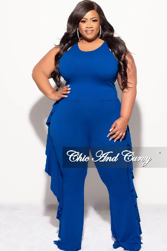 Final Sale Plus Size 2pc Sleeveless Crop Top and Ruffle Trim Pants in Roya Blue Jersey Fabric Tulle Fabric Batik Fabric Final Sale Plus Size 2pc Sleeveless Crop Top and Ruffle Trim Pants in Roya Blue Jersey Fabric Tulle Fabric Batik Fabric