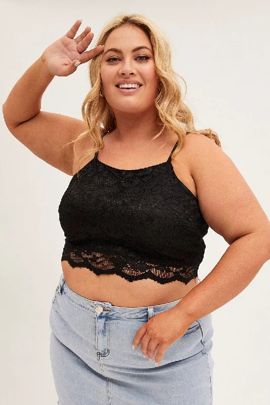 Black Shoestring Strap Lace Crop Top Boxy Fit Fitted Loose