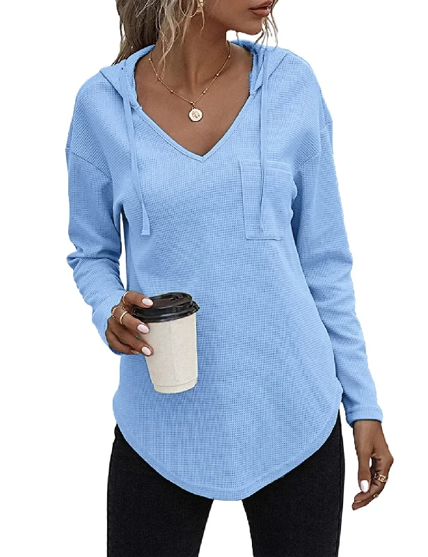 morhuduck Women's V Neck Hoodies Long Sleeve Sweatshirt Drawstring Pullover Tops with Pocket, Blue Spaghetti Sleeve Top morhuduck Women's V Neck Hoodies Long Sleeve Sweatshirt Drawstring Pullover Tops with Pocket, Blue Spaghetti Sleeve Top