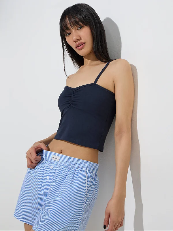 Superstar Navy Ruched Cotton-Blend Crop Top Knit Fabric Woven Fabric Fleece Fabric