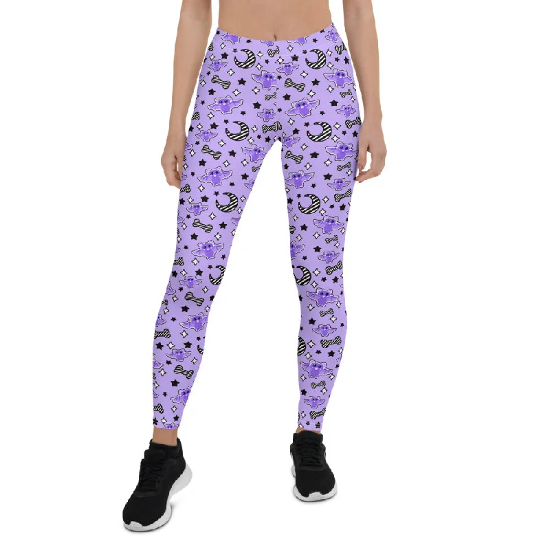 Magical Kawaii Spooky Bats Purple Leggings Elegant Printed Leggings with Pockets