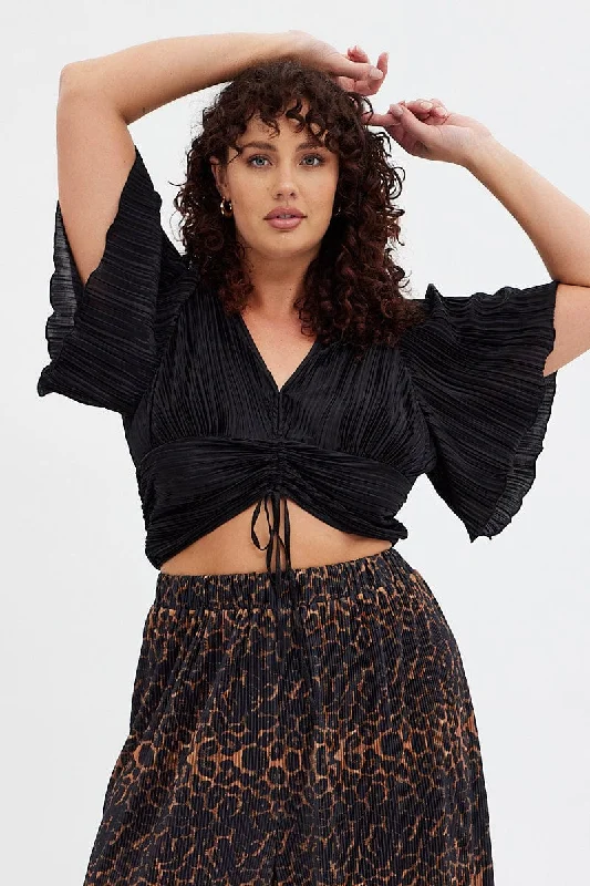 Black Crop Top Short Sleeve V-neck Ruched Front Plisse Striped Floral Plaid