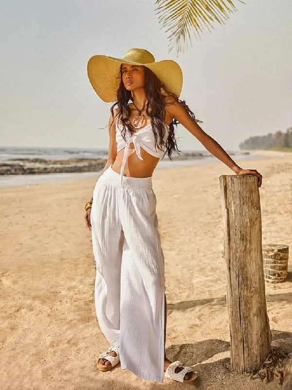 Wunderlove White Cotton Crinkled Crop Top Front Pockets Side Pockets Patch Pockets