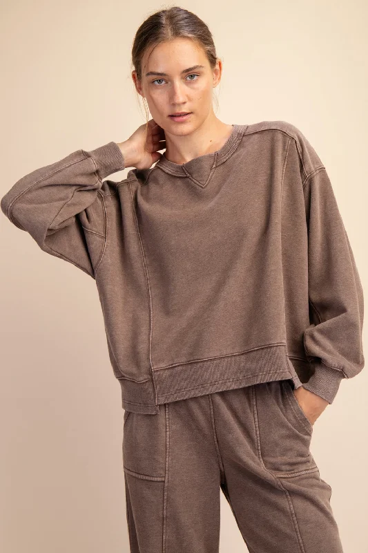 Mineral Washed French Terry Crew Neck Pullover- Mocha Sarouel Sleeve Pullover