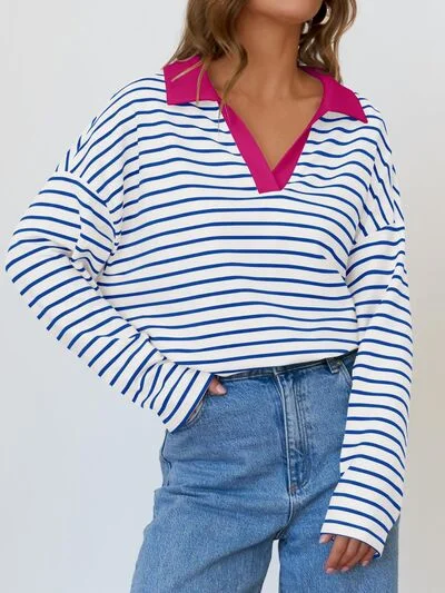 Hazel Blues® | Mandy Striped Johnny Collar Long Sleeve Sweatshirt Hoodie with Cropped Fit Short Trendy Hazel Blues® | Mandy Striped Johnny Collar Long Sleeve Sweatshirt Hoodie with Cropped Fit Short Trendy