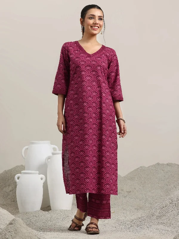 Burgundy Printed Cotton Straight Kurta With Trousers Trousers Plaid Checkered