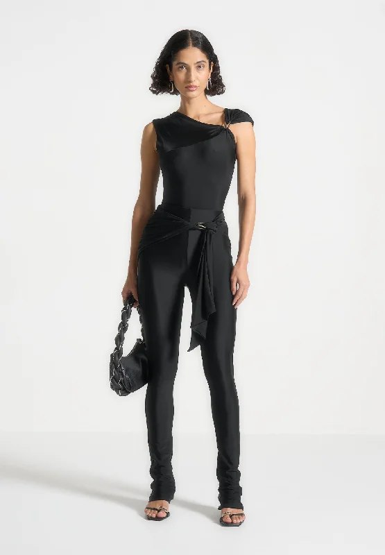 Draped Hardware Detail Leggings - Black Stylish Sweatproof Leggings