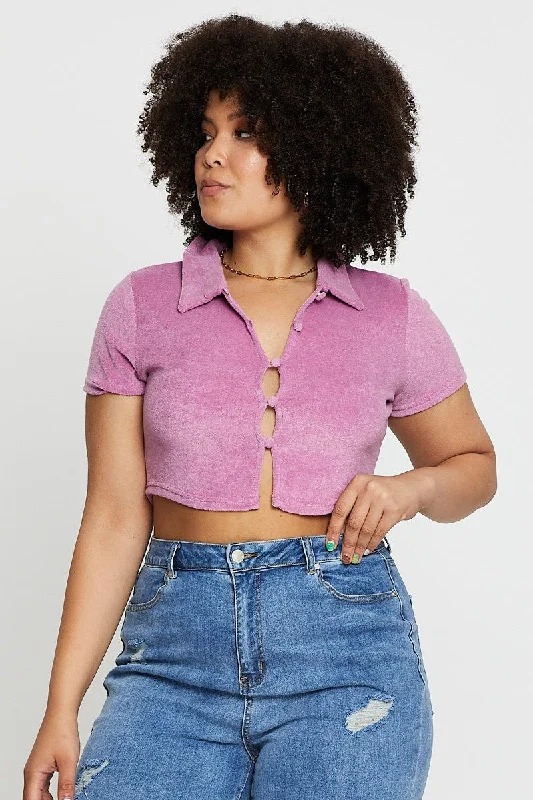 Pink Crop Top Terry Short Sleeve Button Front Plaid Crop Top Polka Dot Checkered
