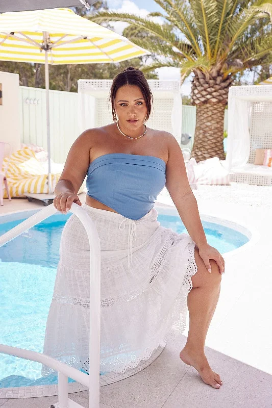 Blue Crop Top Strapless Linen Blend Denim Fabric Leather Fabric Suede Fabric