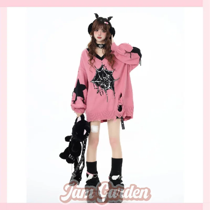 Original dark sweet cool star loose knitted v-neck pullover sweater Lapel Neck Sweater