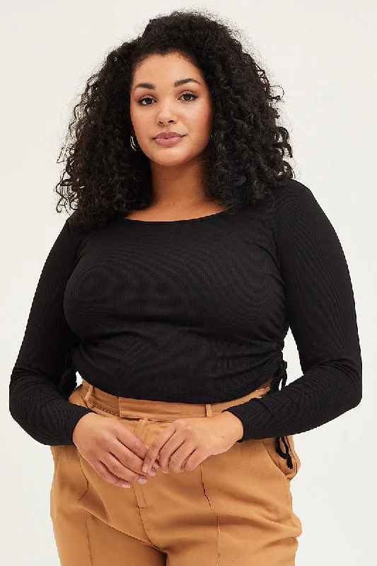 Black Crop Top Flutter Sleeve Wrap Front Iron Safe Non-Iron Wrinkle Free