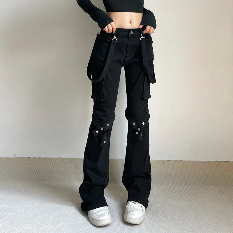 Shadow Veil Streetwear Trousers | Black Straps Pockets Pants Trousers Fall Fleece