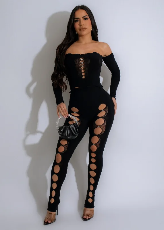 Feeling Hot Cut Out Rhinestones Legging Set Black Stylish Stretch Pants Leggings